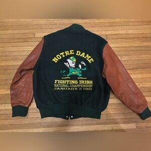 Vintage Notre Dame 89 National Champ Green Varsity Jacket Brown Leather Sleeves
